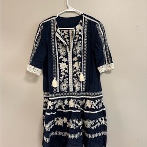 Tory Burch Navy Dress with Cream Embroidered Detail